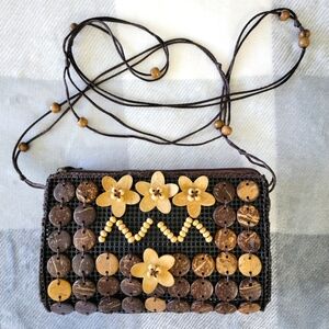 Hand Made Coconut Shell Ladies Hand Bag Purse Hand Craft Small Brown Festival